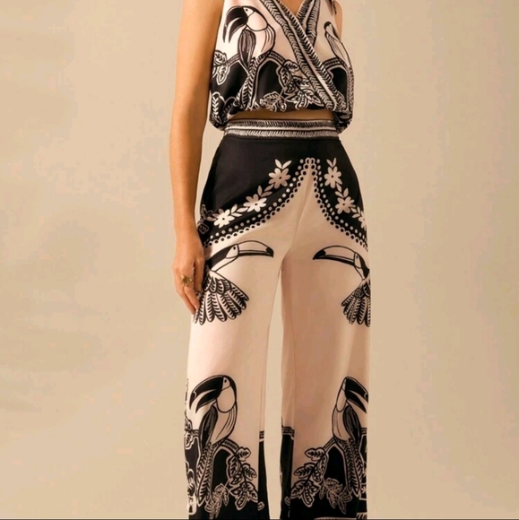 Women's Boho Tropical Bird & Plant Print Black Relaxed Straight Leg High Waist - Picture 2 of 4